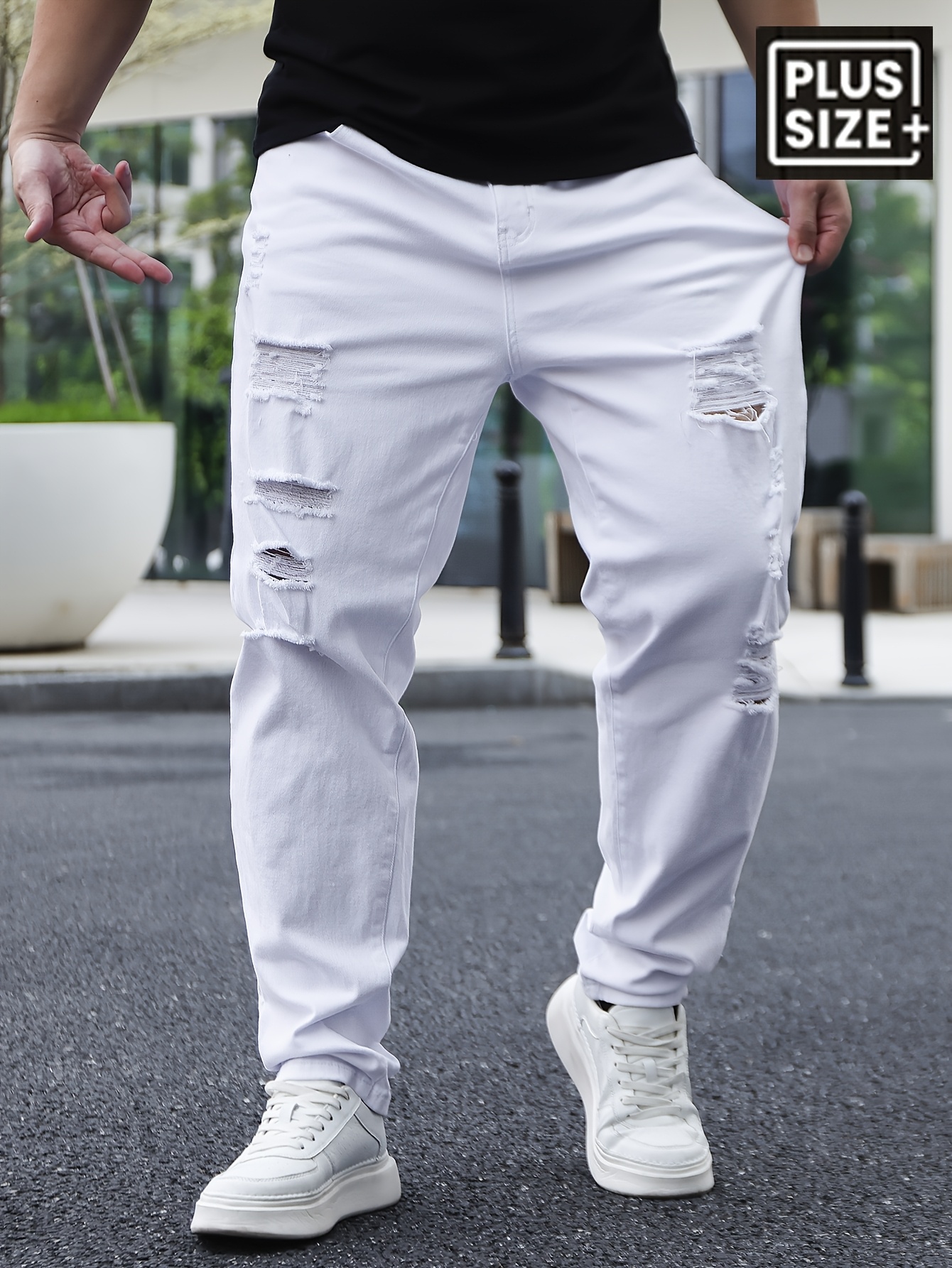 Men'S Basics Ripped Jeans, Cotton Blend Medium Stretch Solid Color Regular Fit All-Season Woven Fabric, Plus Size