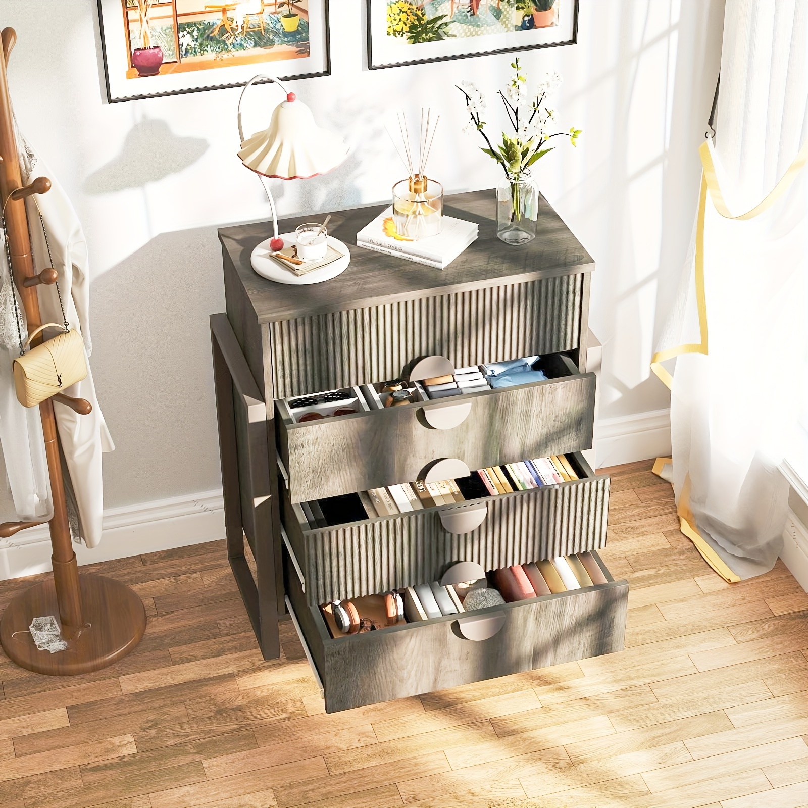 Mozeat Lens Modern Fluted 4 Drawer Dresser, Dressers For Bedroom, Textured Wood Sticks Borders H Metal Legs For Bedroom, Living Room, Hallway