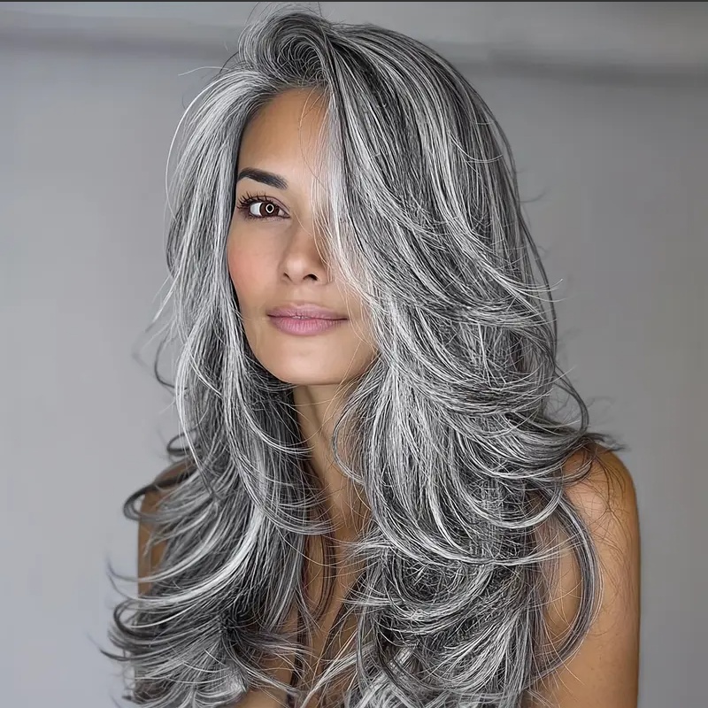 TEMU Women's New Stylish Wig - Center Part Layered Cut Salt And Pepper Wig, Synthetic Hair With , Comfortable Lightweight & Breathable, Suitable For