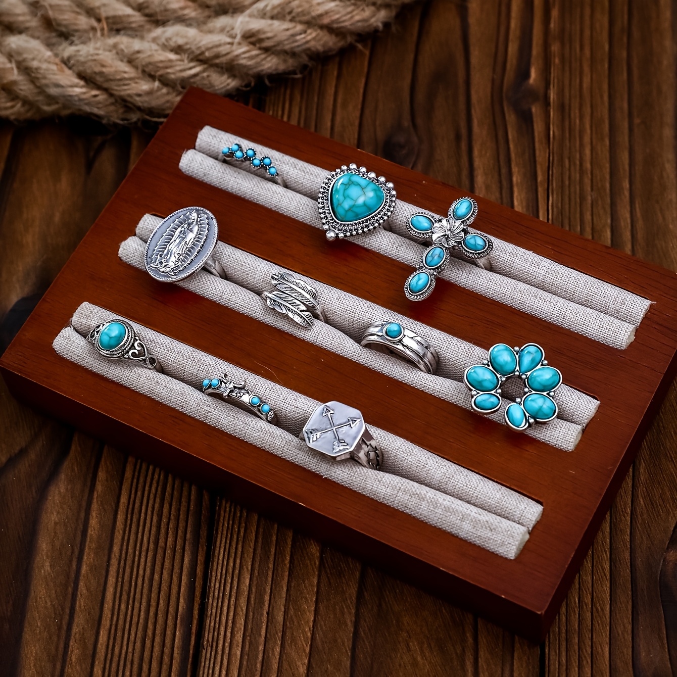 10pcs Alloy Imitation Turquoise Inlaid Stacked Ring Set