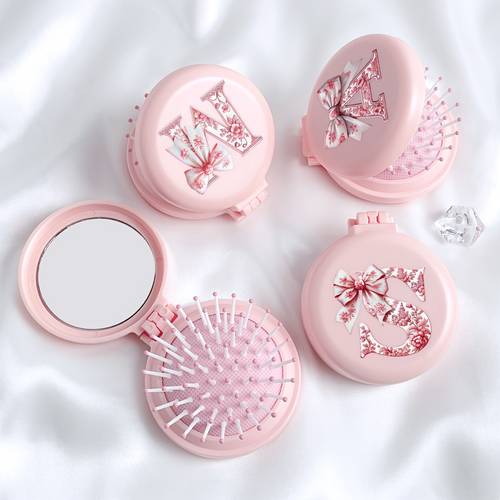 pink bow letter pattern round pink small comb with portable compact two in one makeup comb mini cushion comb for women foldable air cushion massage comb suitable for travel business trips performances and other