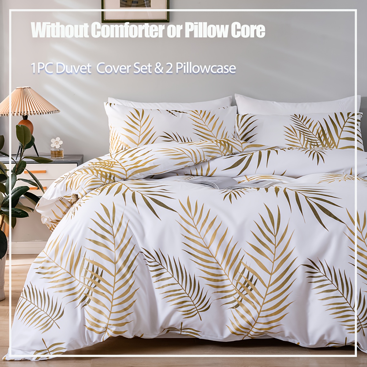 Image of 3pcs+soft 100% Polyester+ Leaf Print+pillowcase Duvet Cover Set (2 Pillowcases + 1 Duvet Cover) No Filling+ For Bedroom Decoration