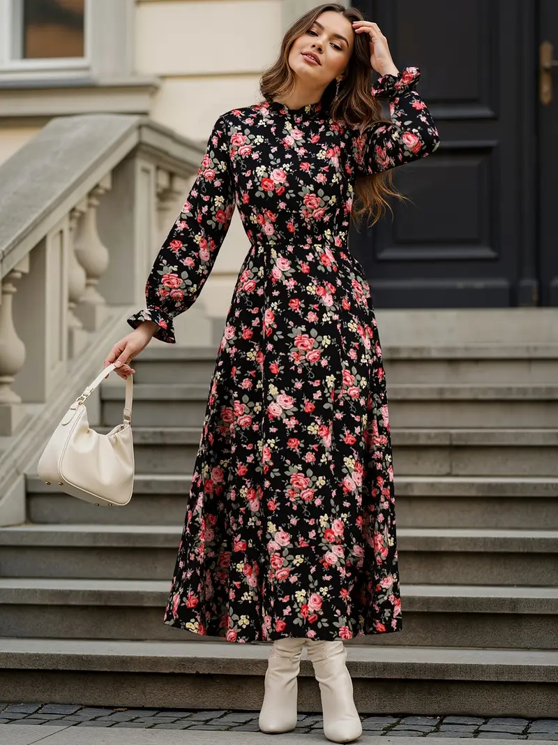 elastic waist maxi dress Crew Neck 3/4 Sleeves Pleated Print Gathered Elastic Waist Maxi Dress