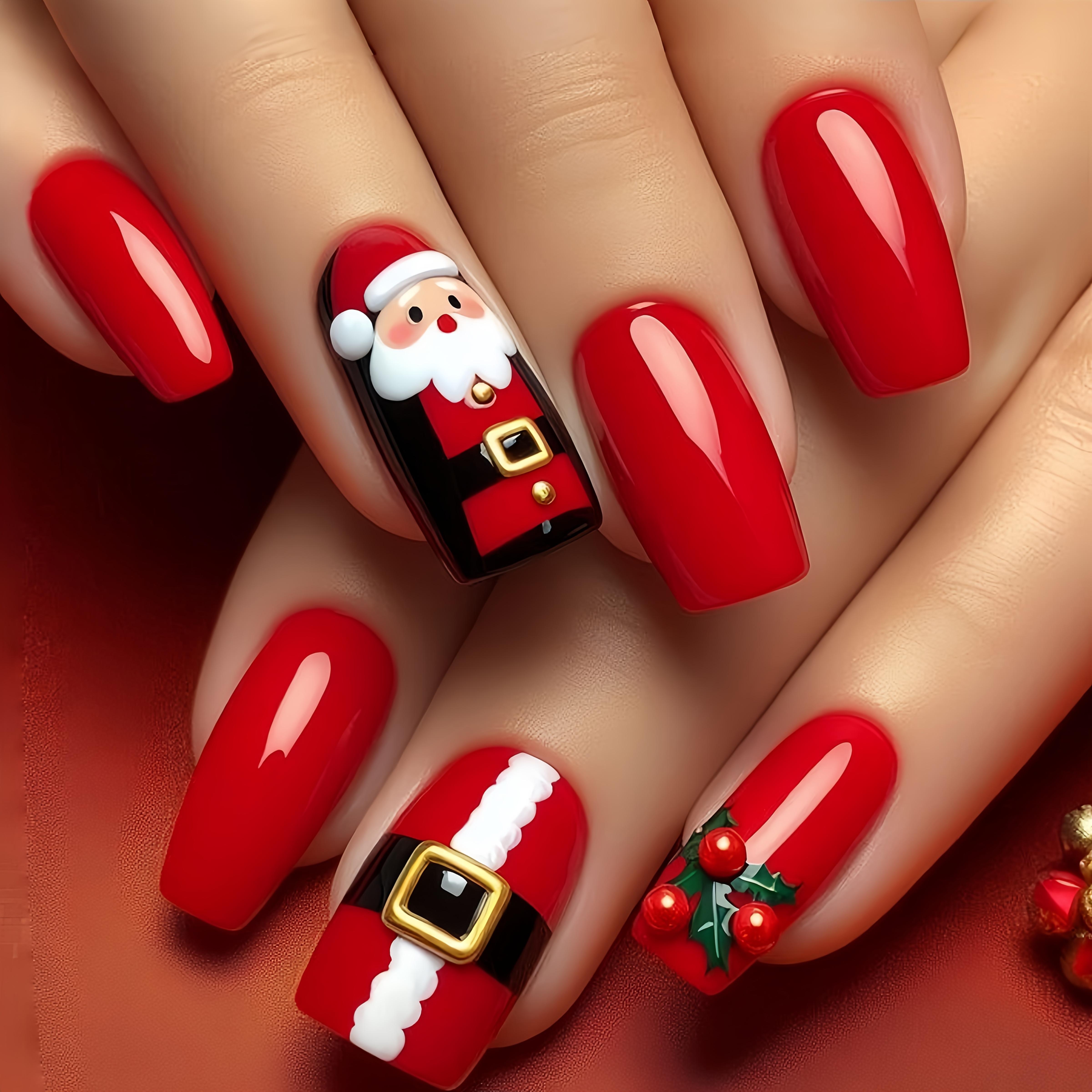 TEMU Autocollants pour ongles de Noël, faux ongles longs carrés européens à motif Père Noël, faux ongles amovibles 24 pièces style européen/américain