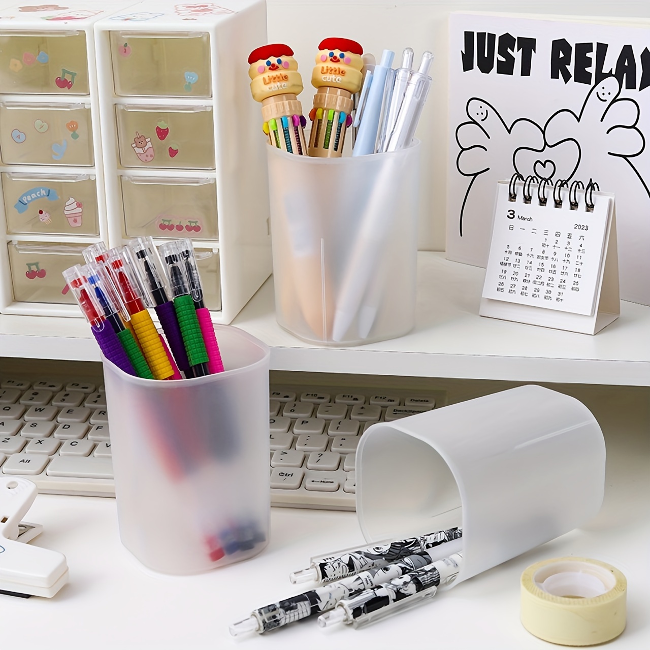 

10 porte-stylos ronds transparents givrés, organiseur de bureau moderne en plastique, rangement créatif simple pour crayons, conteneur de papeterie de bureau 3.97x2.83 pouces