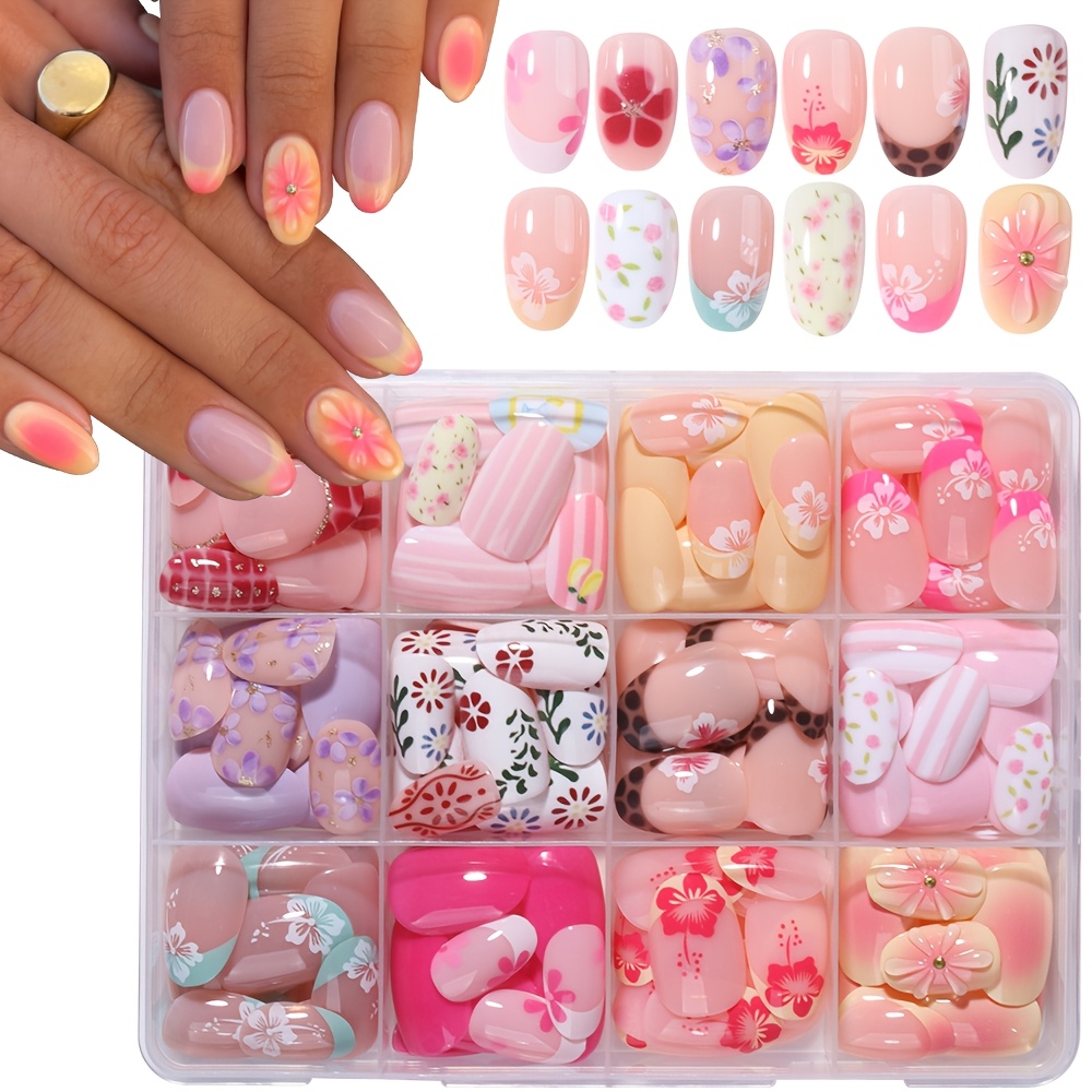 288pcs Full Coverage Short Oval Nail Flower Press-on Nails, Removable, Y2k Design, Enhances , Suitable For Women And Wear