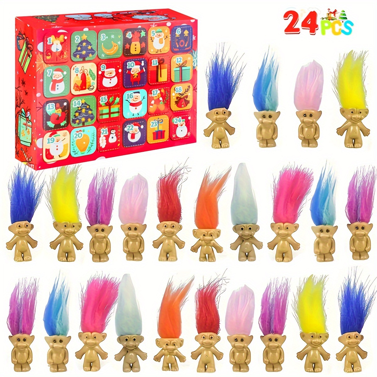 

24pcs Mini Troll Doll Advent Calendar - Vintage , Cake Toppers & Crafts Set - School Projects, Arts & Crafts, Halloween & Christmas Gifts