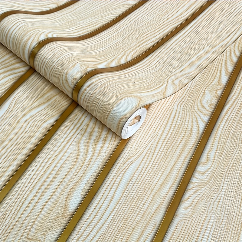 TEMU 1 Roll Self-adhesive Vertical Stripes Simulated Wood Grain Golden Grille Wallpaper, Pvc, Easy To Peel And Stick, Colours Of Waterproof Contact