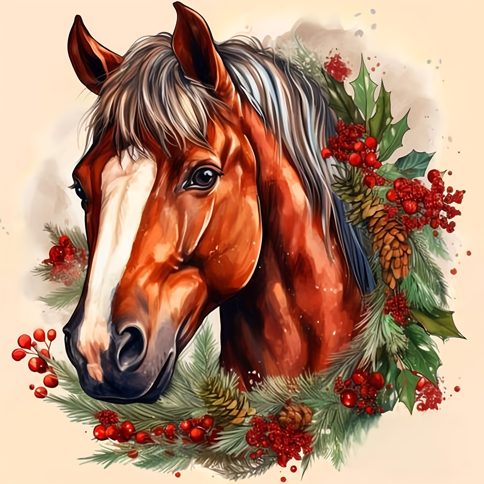 Cross-Stitch Kit Featuring Horses and Christmas Wreath Design