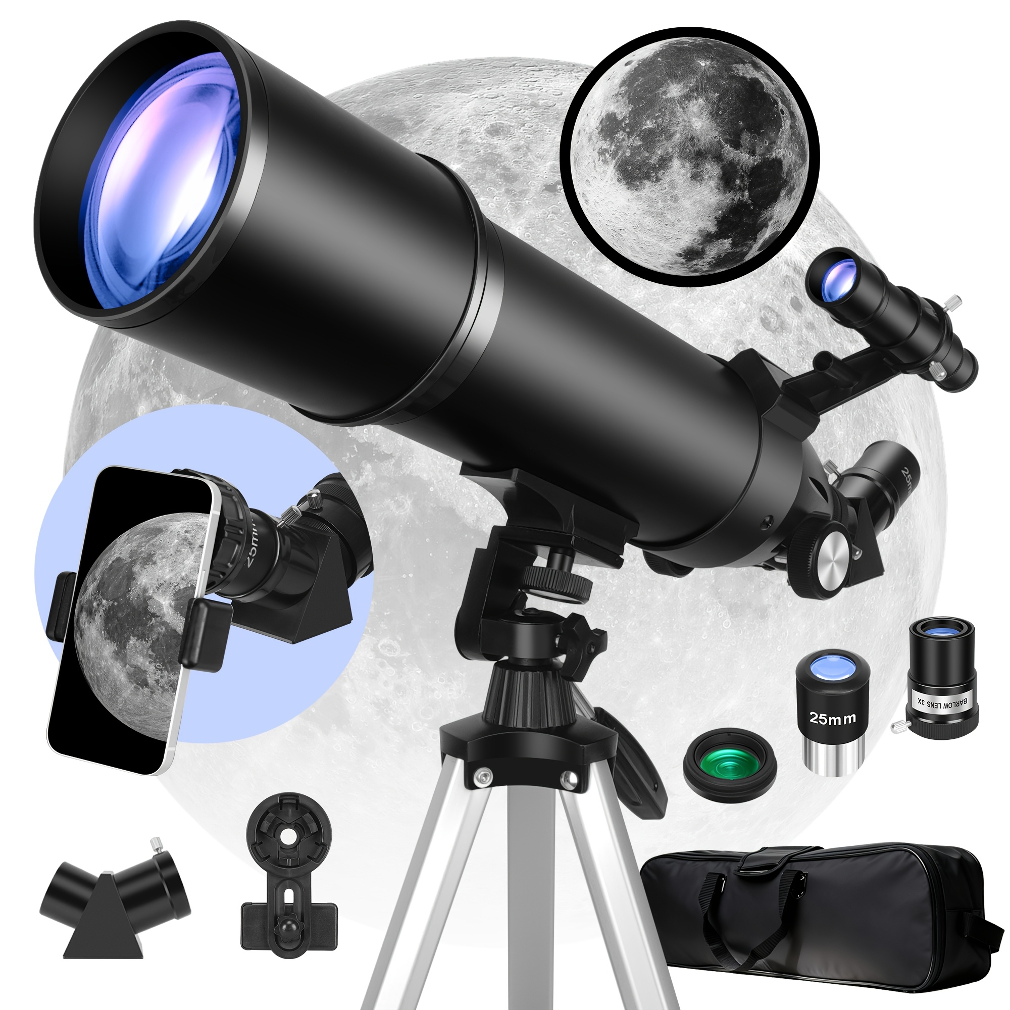 Image of 80mm Aperture 600mm Length Astronomical Telescope Professional Adult Observation Moon Planet Hd Entry Set Includes Tripod/phone Adapter/storage Bag