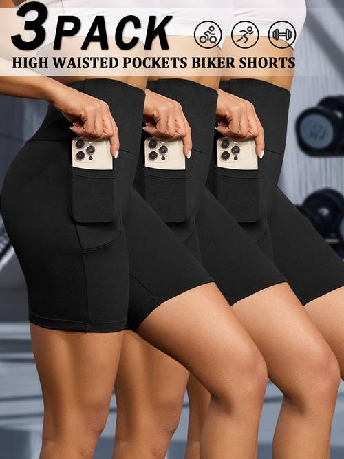 3 pack 5 high waisted biker shorts for women with pockets super soft tummy control no see through workout running yoga athletic shorts 6 inseam