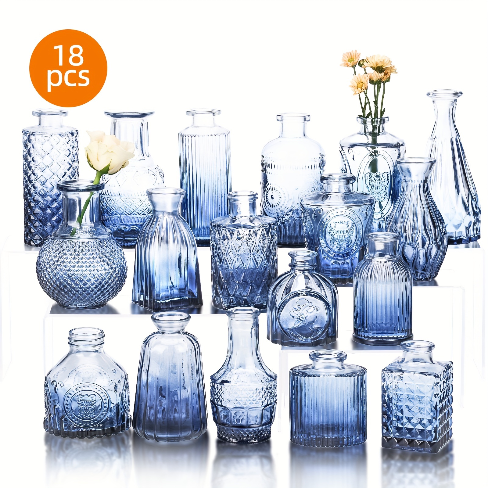 

18 Pcs Blue Flower Bud Vases, Vintage Transparent Glass Vases, Small Vases, Central Piece For Home Dining Table Decoration, Rural Wedding Decoration, Summer Wedding Season, Multiple Sizes