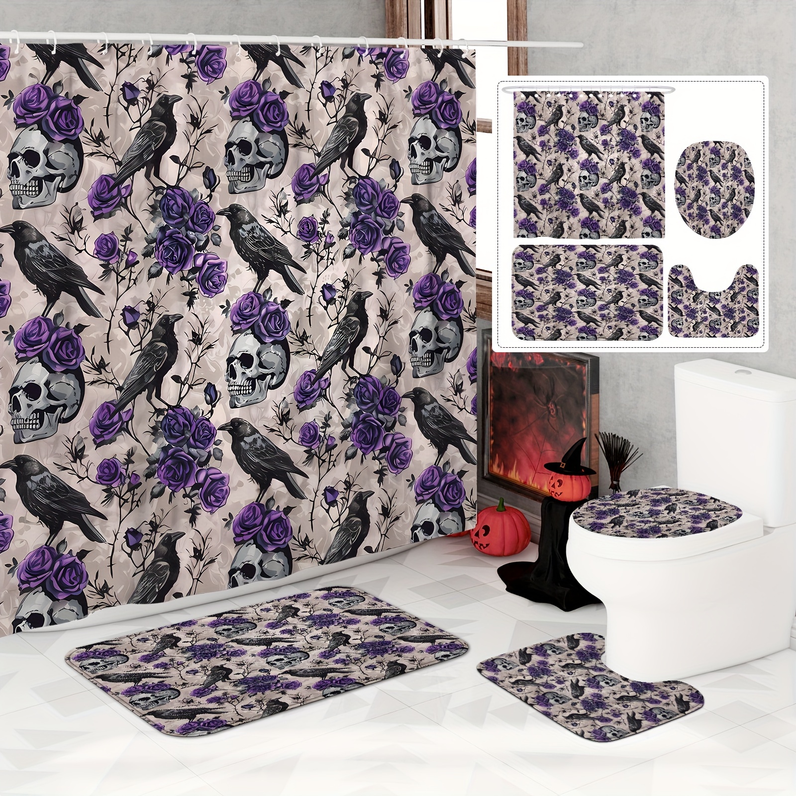 

Gothic Shower Curtain Set: Black And Purple , , And Rose Design - Includes Shower Curtain, Bath Mat, And Toilet Lid Cover - Waterproof, Machine Washable, And Perfect For Seasonal Decorating
