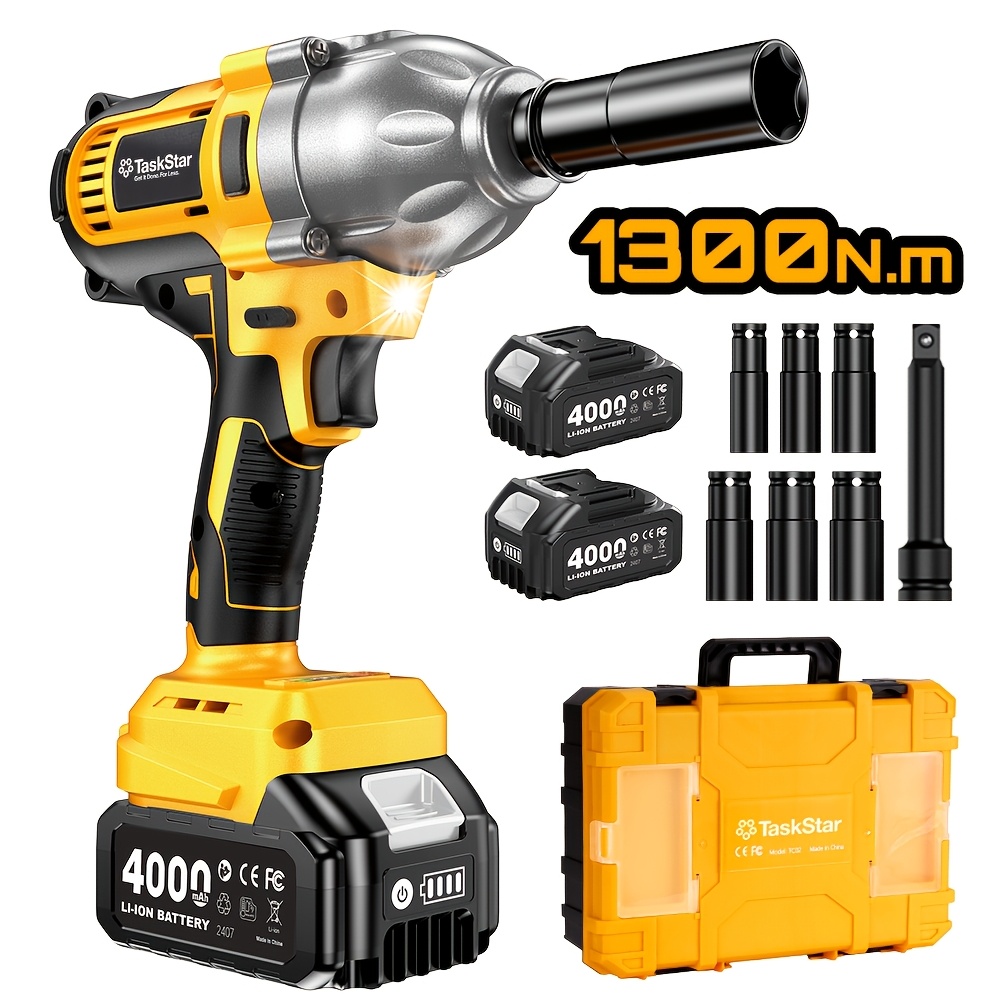 Image of Taskstar 1000n.m (738ft-lbs) Cordless Impact Wrench High Torque, 1/2" Brushless Impact Gun W/two 4.0ah Battery, Fast Charger, 5 Sockets & Storage Case, Electric Impact Wrench For Car Truck