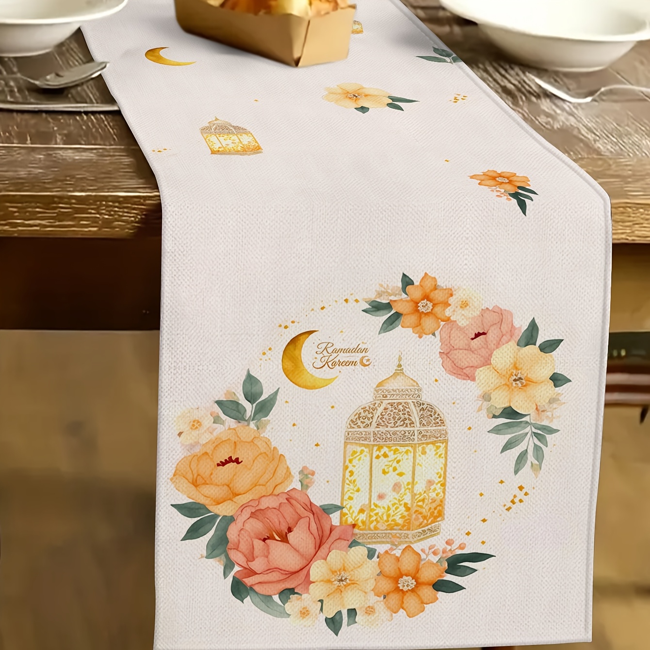 

1pc Polyester 100% Knit Fabric Rectangular Tablecloth, Ramadan Floral Lantern Design, Eid Al-fitr Home Kitchen Decor, Party Ornament