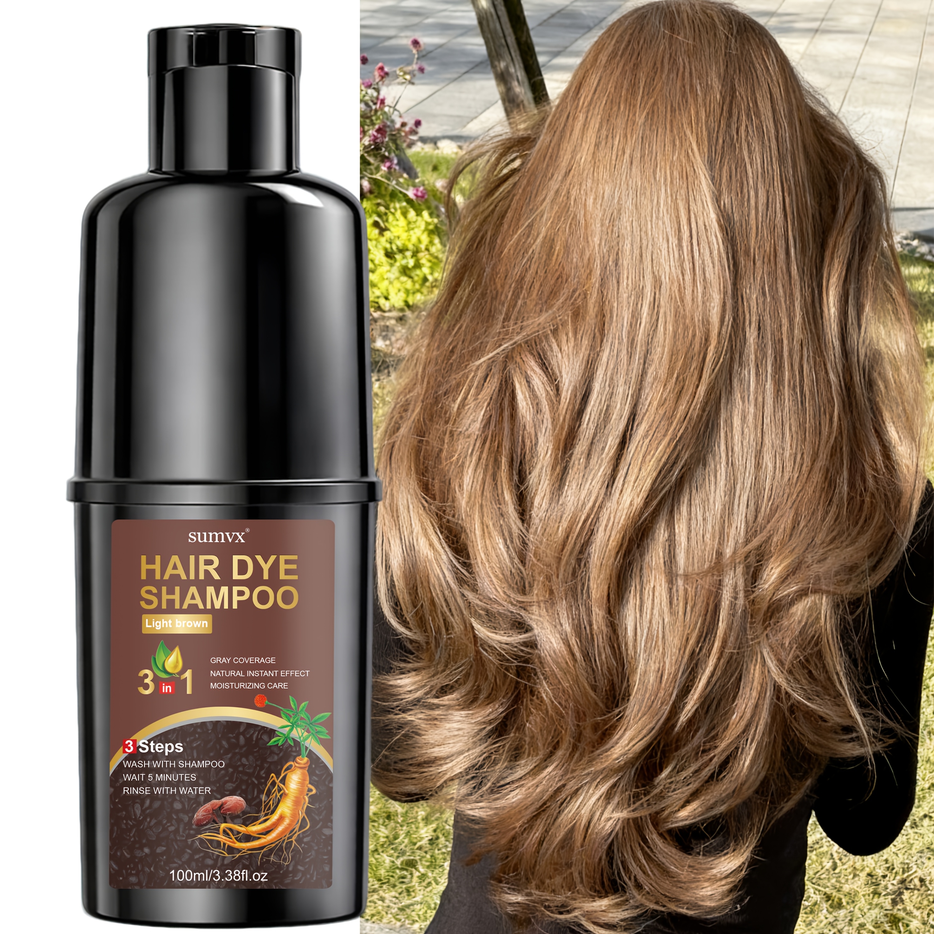 Ginseng 3-in-1 Herbal Hair Dye Shampoo: Moisturizing, Leaves Hair Shiny, Quickly Covers Gray Hair, Gentle And Non-irritating, Long-, , Suitable For All Hair Types