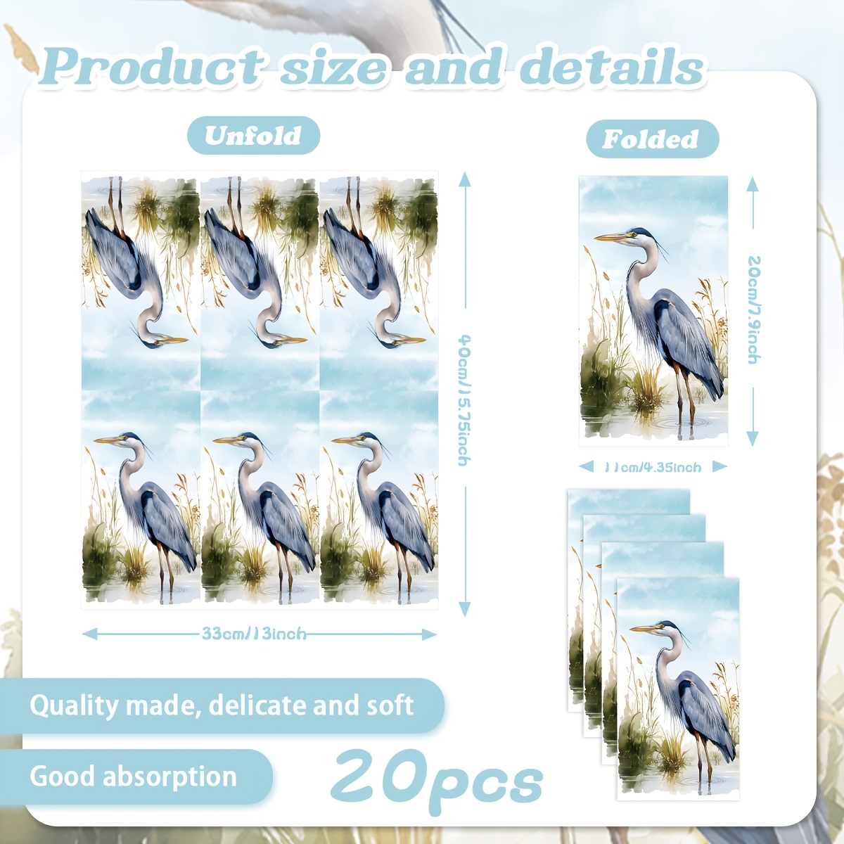 TEMU Serviettes à thème Héron Bleu pour fêtes, serviettes de table élégantes avec motif de héron pour goûters, anniversaires, décorations de table -
