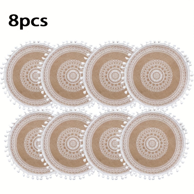 Image of 6pcs/8pcs White Heart-shaped Round Placemats - Heat-resistant, Non-slip Mats For Indoor And Outdoor Dining, Perfect Bohemian Style, Suitable For Weddings, Parties, Graduations, Back-to-