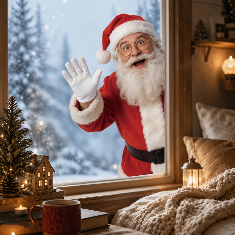 TEMU 1pc, Fun Christmas Glass Sticker, Realistic Waving Santa Claus Static Window Decal, Double-sided , 7.87*11.81inch/20*30cm, Santa Claus Peeking