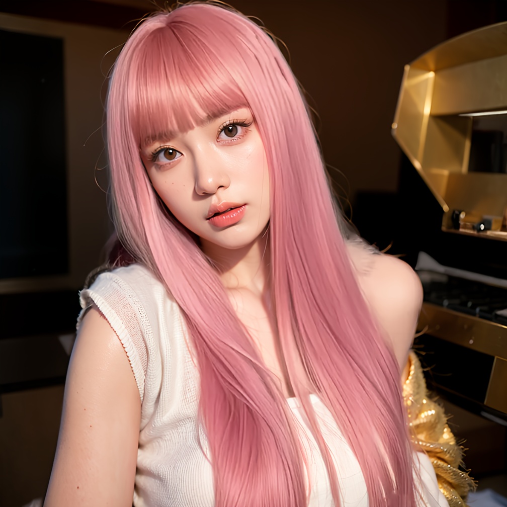 TEMU Roze Synthetische Pruik met Pony Hittebestendig Machinaal Vervaardigd Lange Rechte Damespruik voor Dagelijks Cosplay Feest Kerst