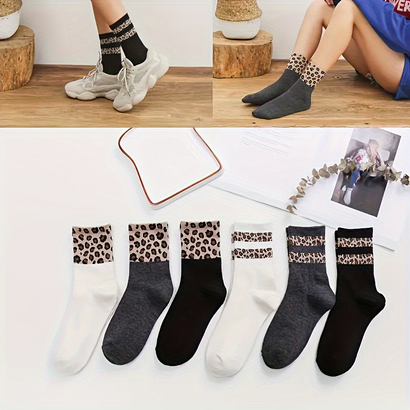 

6/9pcs Women's Leopard Print & Striped Mid-calf Socks - Elegant, Comfortable Polyester , Machine Washable