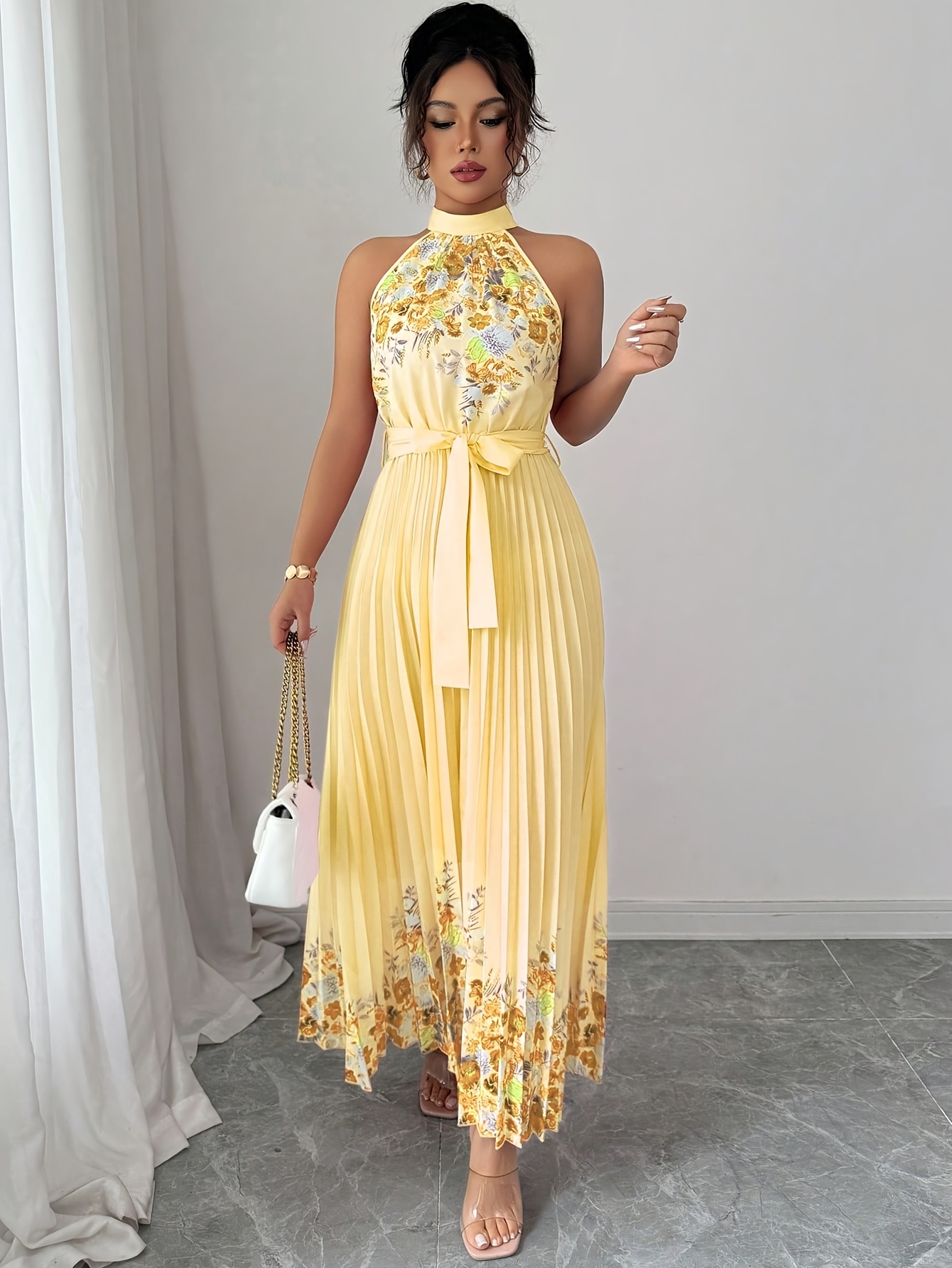 Fashionable New Women'S Summer Halter Floral Print Pleated Dress