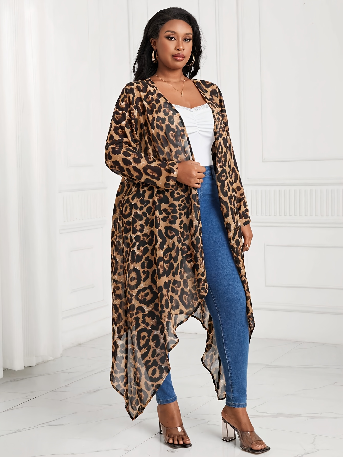 Plus Size Women's Leopard Print Cardigan Elegant Open Front Long Sleeve  Loose Fit Long Length Shirt, Machine Washable Casual for