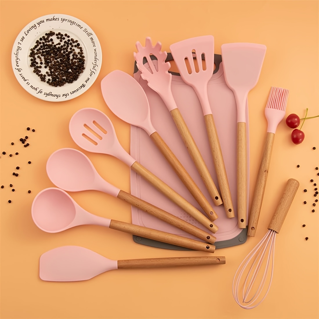 19 Sector Silicone Set And Knife Set, Perfect For Outdoor Camping - Heat-resistant, Non Stick, Wooden Handle, Easy To Clean - Perfect For Women'S Cooking Gifts, New Year'S And Valentine'S Day