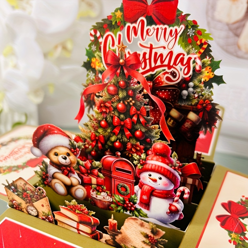 

1pc 3d Pop-up Christmas Greeting Card With Envelope, Cartoon Snowman And Red Christmas , Festive Holiday And New Year Wishes, Paper , For