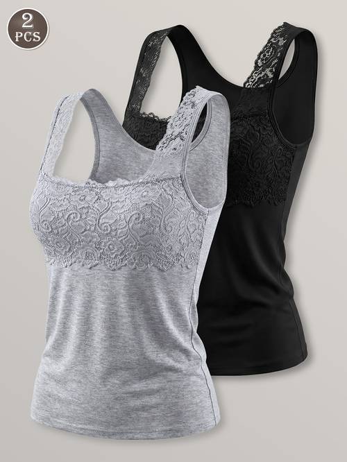 2pcs womens casual tank top padded vest solid color sleeveless u neck shirt lace strap comfortable base top