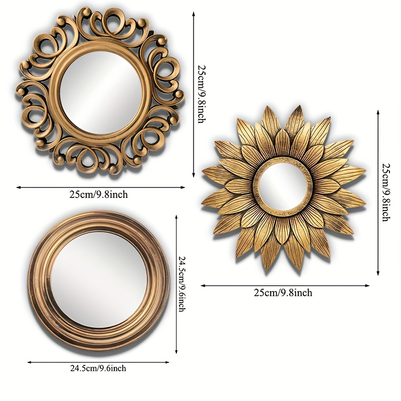 Image of Set Of 3 Decorative Wall Mirrors In Vintage Golden, Perfect For Enhancing Home Decor With A , Suitable For Living Rooms, Bedrooms, And Dining Areas. Ideal As Gifts For Thanksgiving And Christmas.