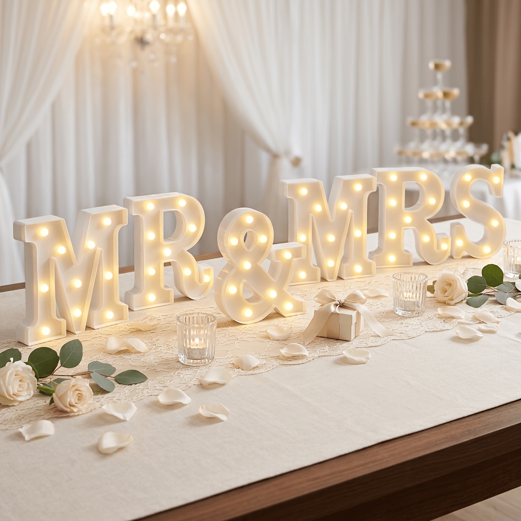 TEMU 6pcs Mr And Mrs Led Illuminated Letter Table Signs, Display, Wedding Table Decoration, Battery Powered, Suitable For Wedding Tables, Illuminated