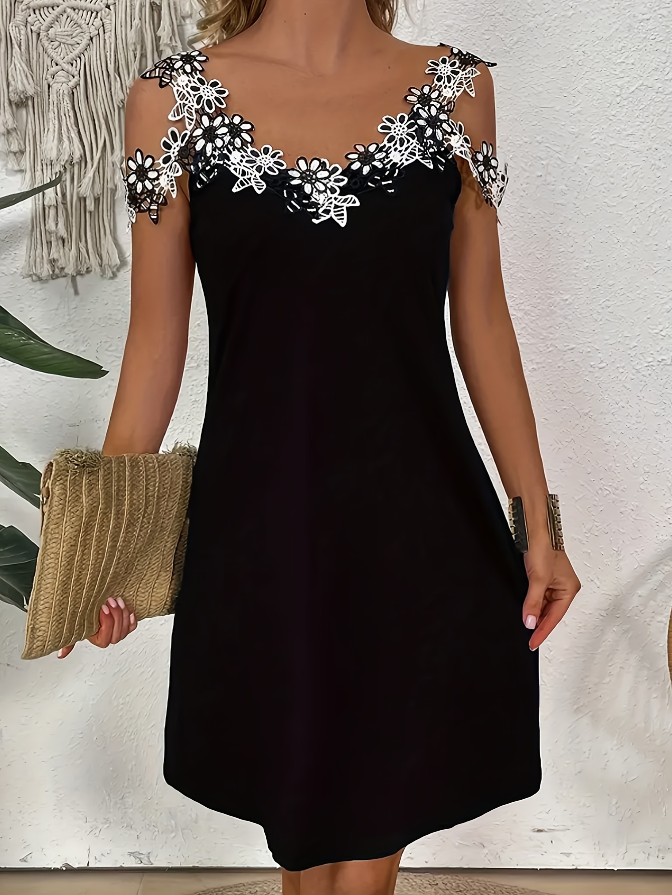 elegant v neck floral embroidered midi dress for women polyester 100 sleeveless fit and flare solid color woven fabric with no padding for spring summer stylish party dress sleeveless fashion intricate embroidery cute dresses