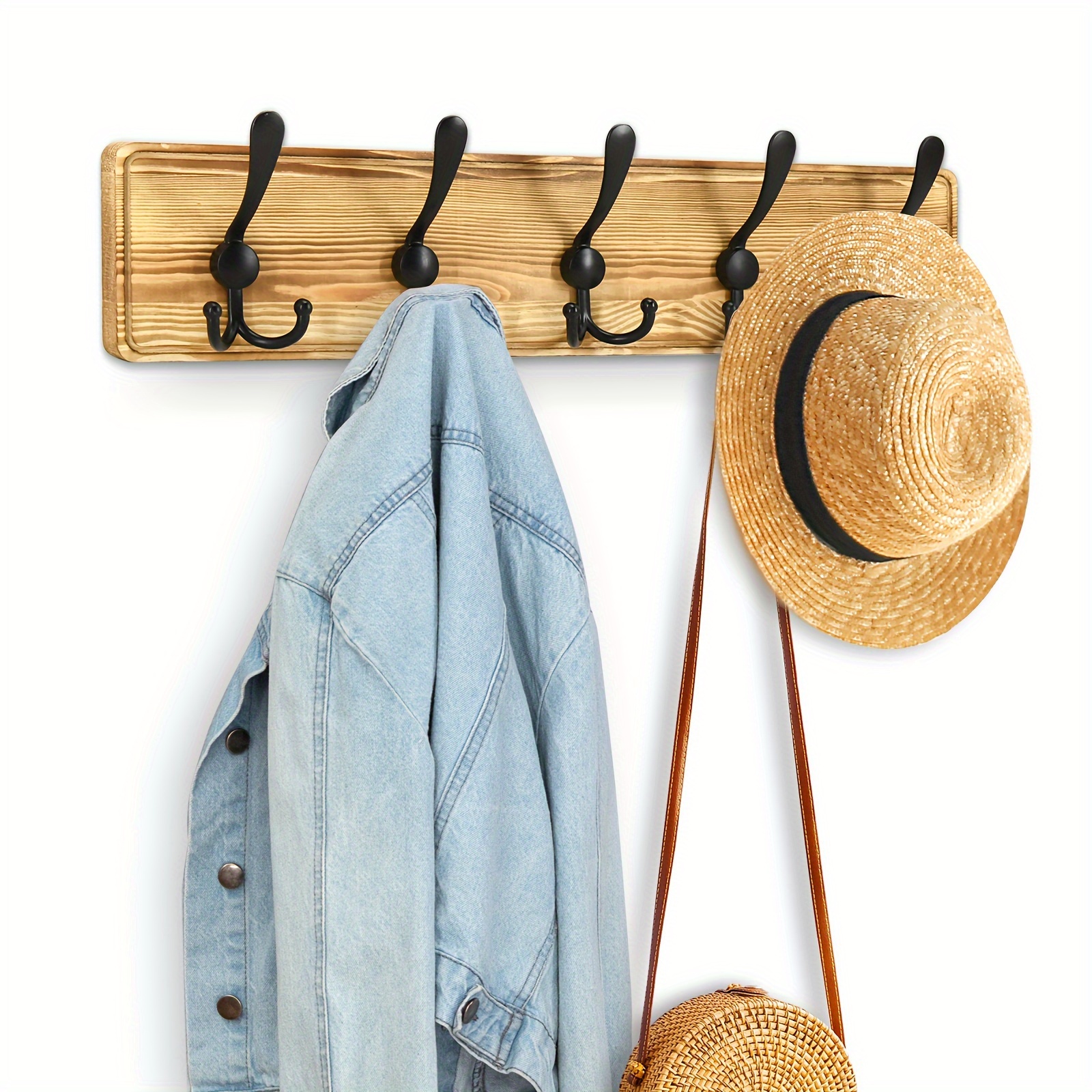 

Clothes Hanger, Wall-mounted Wooden Coat And Hat Rack - 5 Triple Hook Racks For Hanging Coats, Hats, Etc., Storage Organizer For Living Room, Kitchen, Bedroom, Bathroom, And Entryway