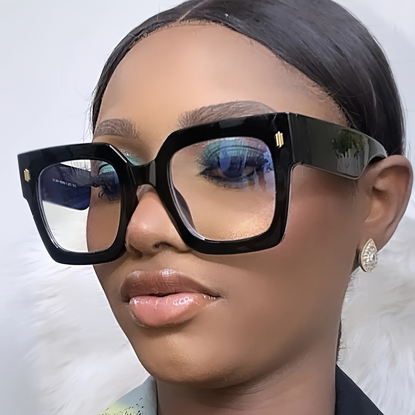 

Chic Oversized Square Frame Glasses For Women - Vintage-inspired, Light Blocking Lens, Fashionable Abs Resin & Plastic Eyewear With Glitter Accents