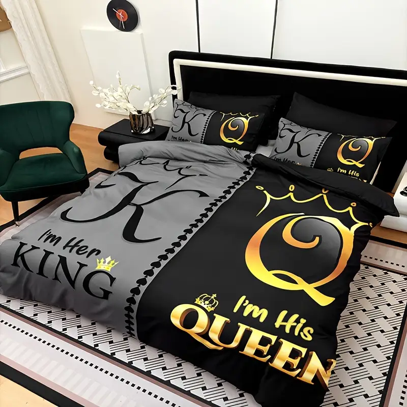 king queen crown themed duvet cover set 3pcs polyester bedding set with 1 comforter cover 2 pillow shams machine washable breathable fabric cozy bedroom accessory christmas present details 5