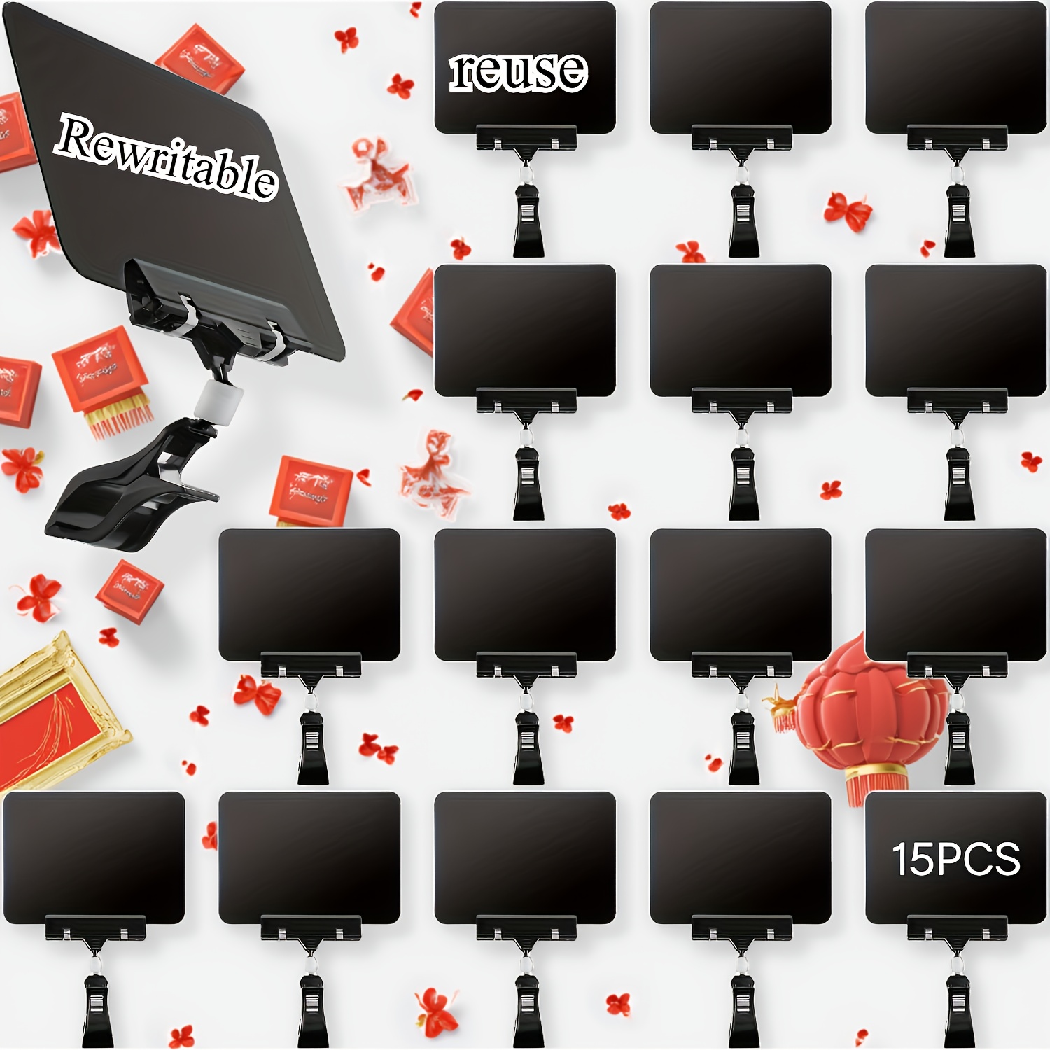 E-shop 15 Stück schwarze Kunststoff-Tafelschilder mit 360° drehbaren Doppelklemmen - Robuste, verstellbare Display-Ständer, geeignet für