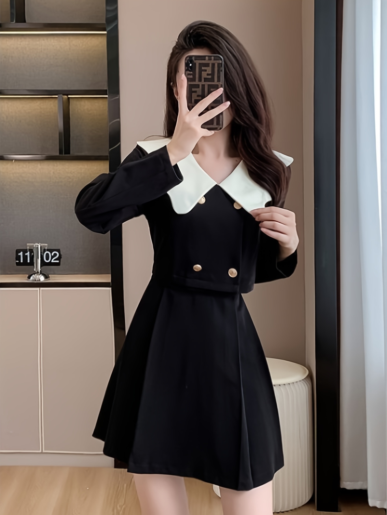 french style peter pan collar 2 in 1 look long sleeve dress - Temu Oman