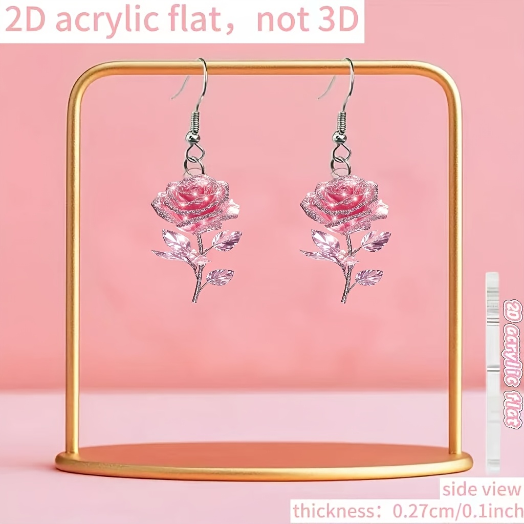 Women's 2D Flat Pink Rose Pattern Dangle Earrings
