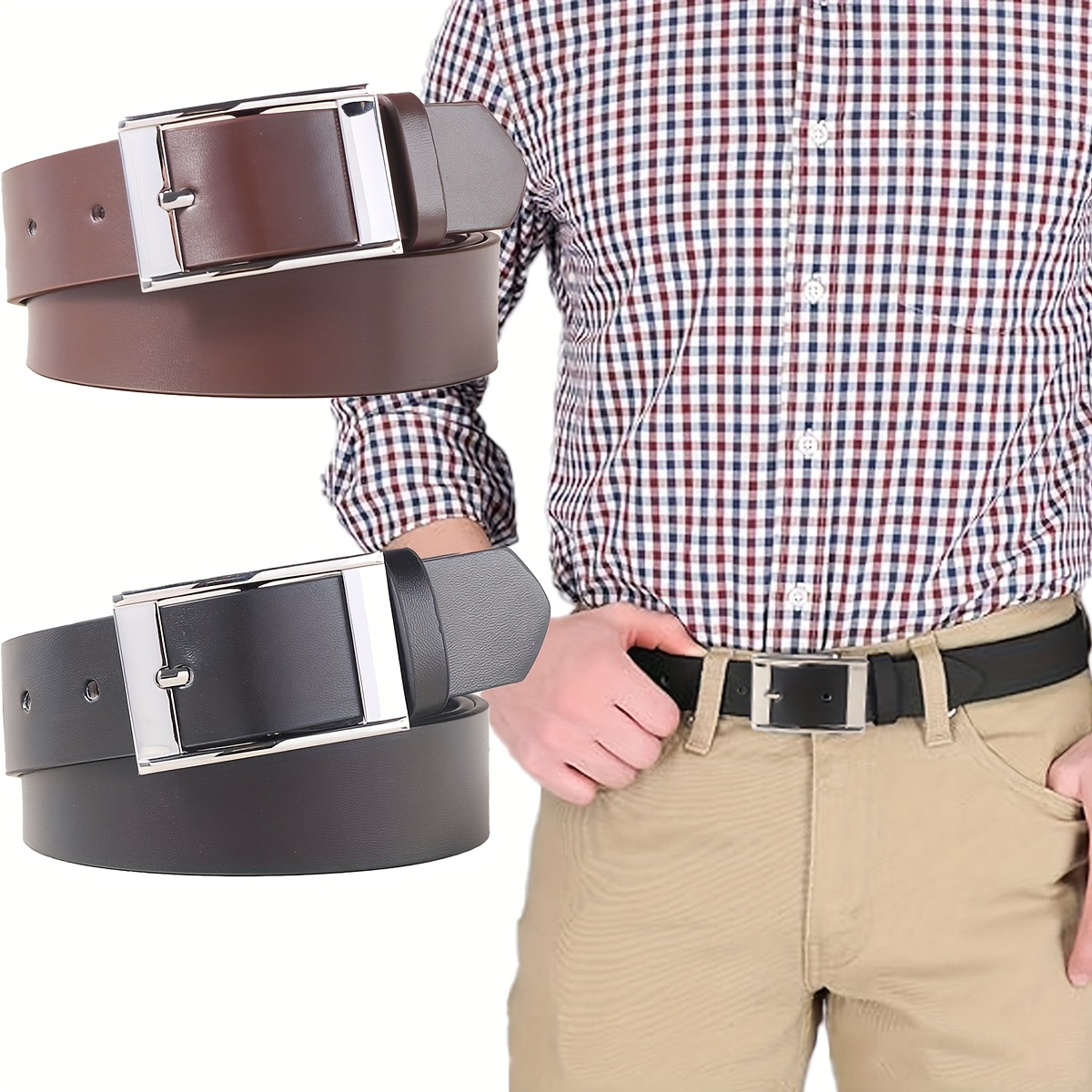 Men's Casual Rectangular Buckle PU Belt Solid Button Belt