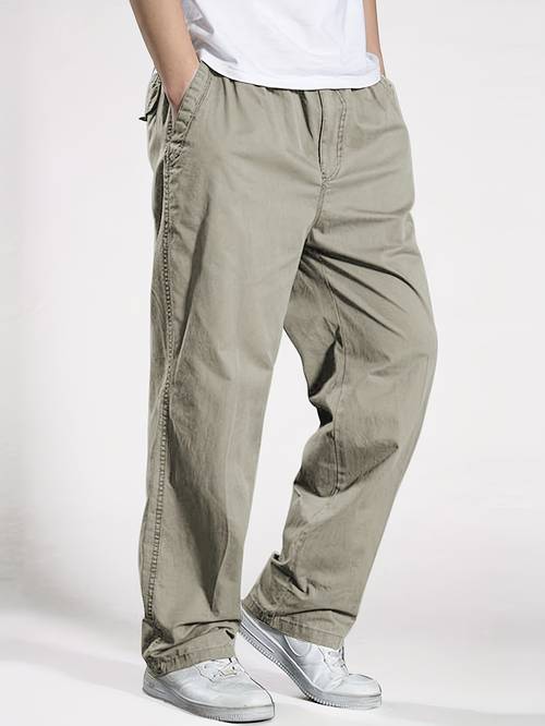 mens korean style casual pants 100 cotton minimalist cargo trousers solid color loose fit with drawstring and elastic waist suitable for middle aged to elderly daily wear