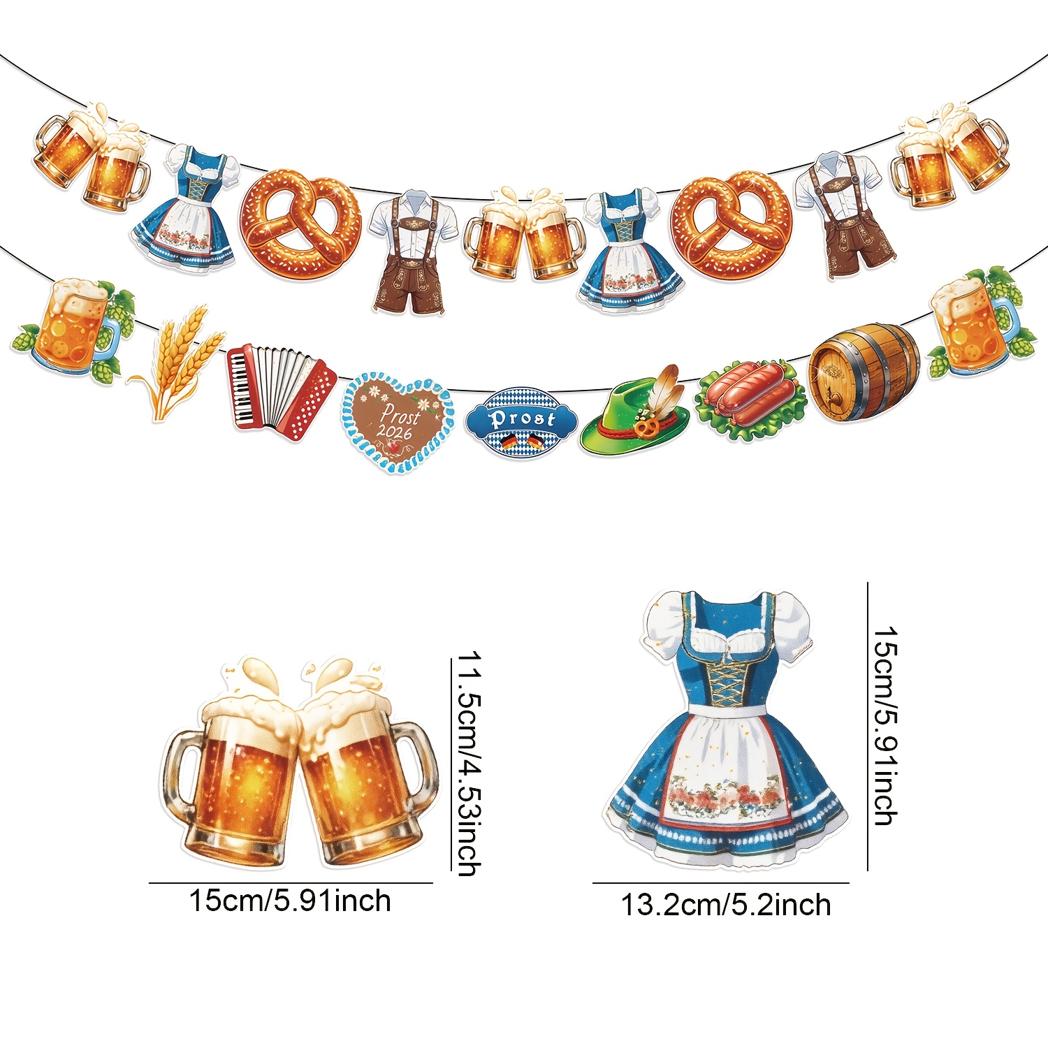Image of Vintage European Folk Style Hanging Paper Bunting, Classic Folk Attire Snack Musical Instrument Printed Garland, Light Coated Paper Wall Decor For Pub Backyard Outdoor Seasonal Festival Scene Layout