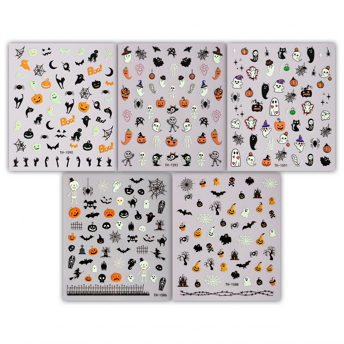Image of 5 Sheets Luminous Cartoon Halloween Nail Stickers, Pumpkin Bat Witch Decals, Halloween Party Diy Manicure Decor For Women