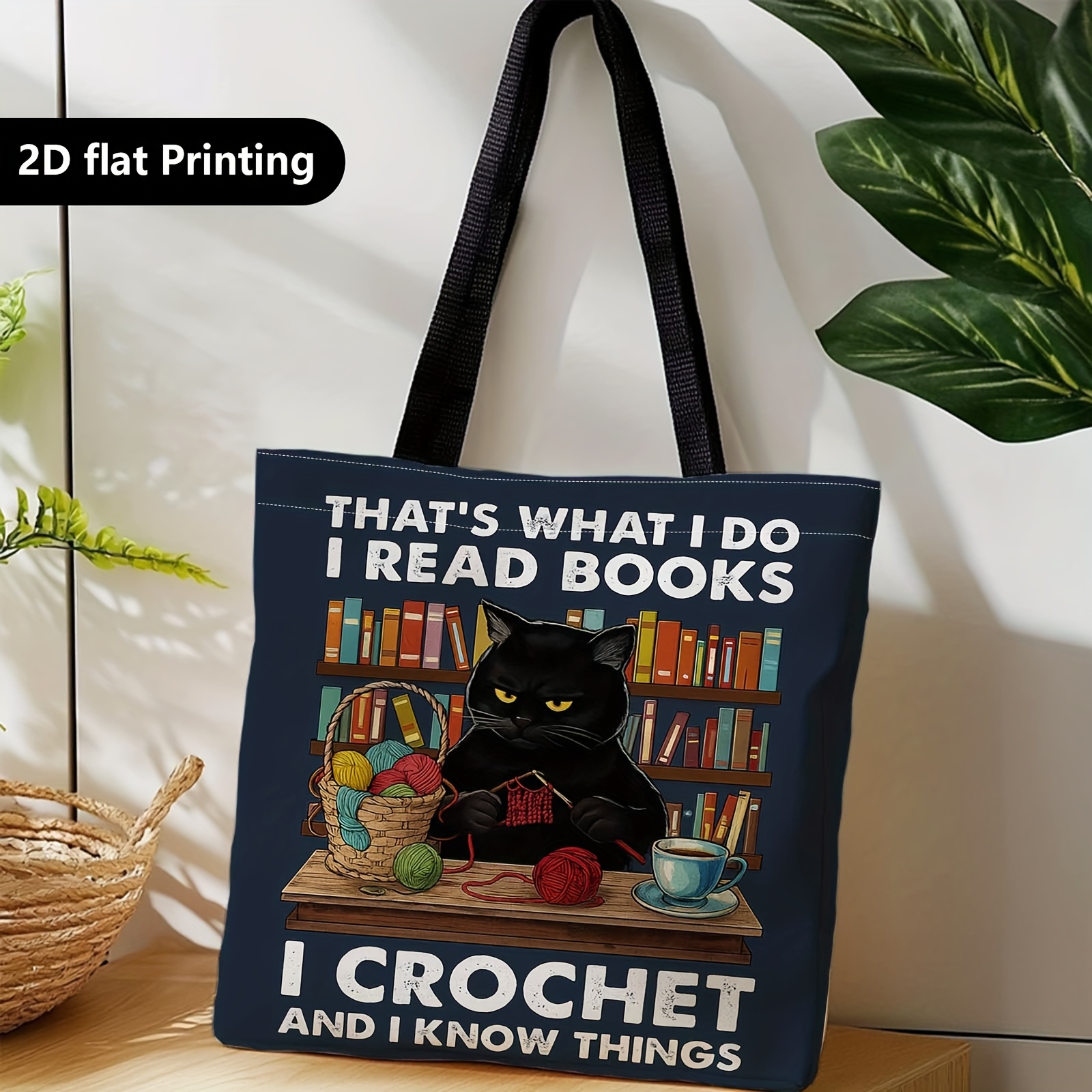 TEMU 1pc Shopping Bag, Portable Shoulder Handheld Bag, Black Cat, Reading, Crochet, Suitable For Travel, Cosmetics, Holiday Storage, Home Decor,