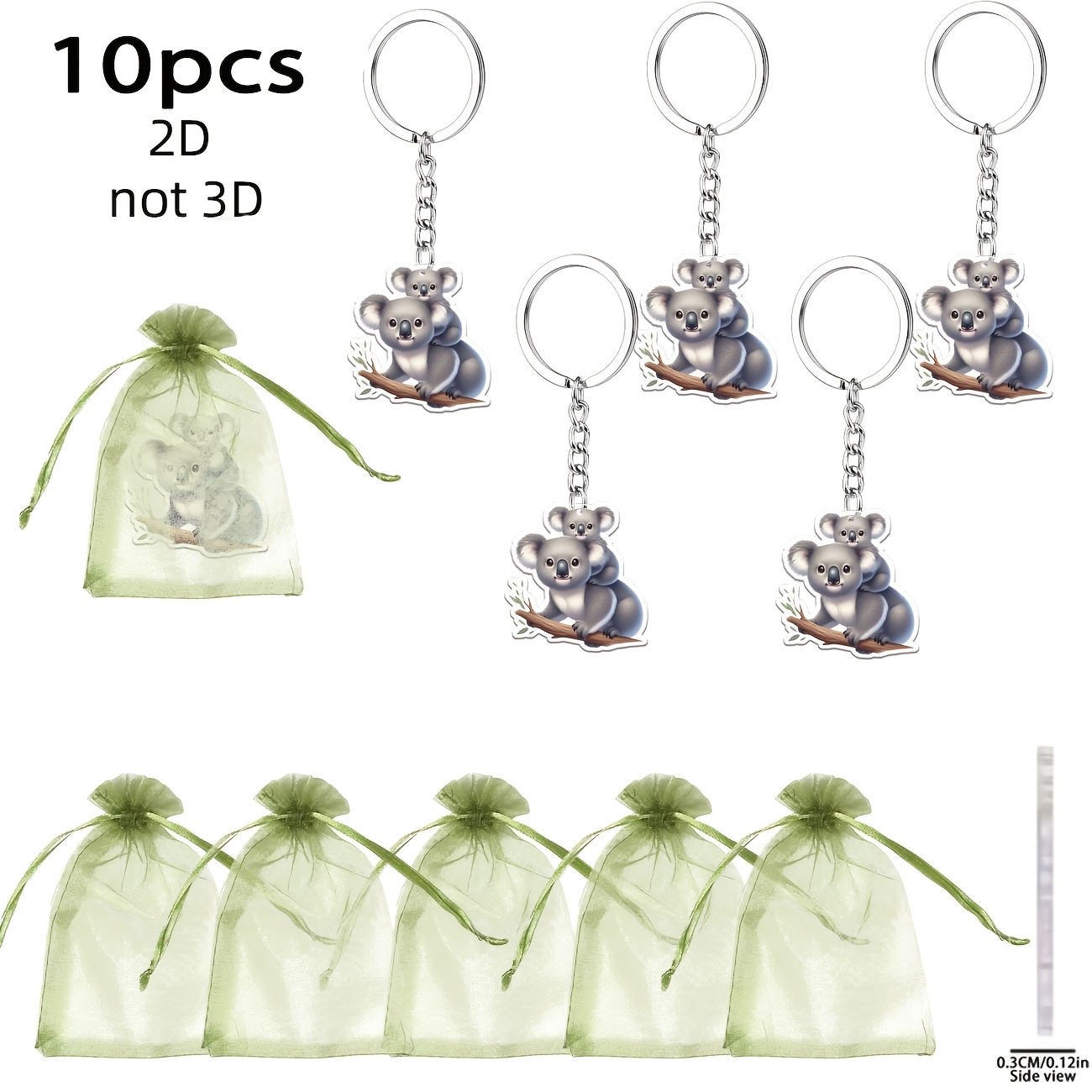 TEMU 2d Flat, Gift For Her/him 2d Flat 10pcs Koala Acrylic Keychain Gift Set - Includes 5 Acrylic Keychains With 2d Designs + 5 Gift Organza Bags. ,