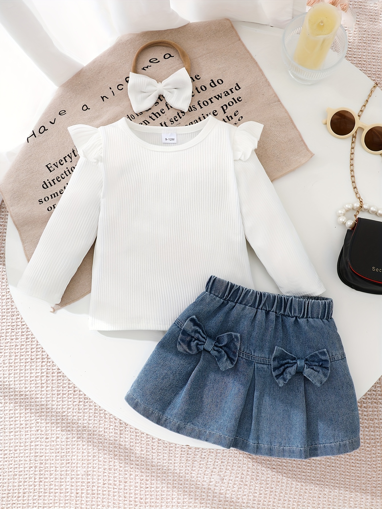   piece set for baby girls featuring a long sleeve top with flutter sleeves made of ribbed fabric for autumn and winter a   denim skirt with a bow and a headscarf   outdoor casual vacations Product details 7
