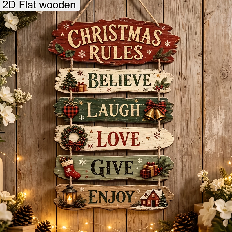 TEMU Christmas Rules Wooden Hanging Sign 6-tier Rustic Wall Decor For Xmas Home