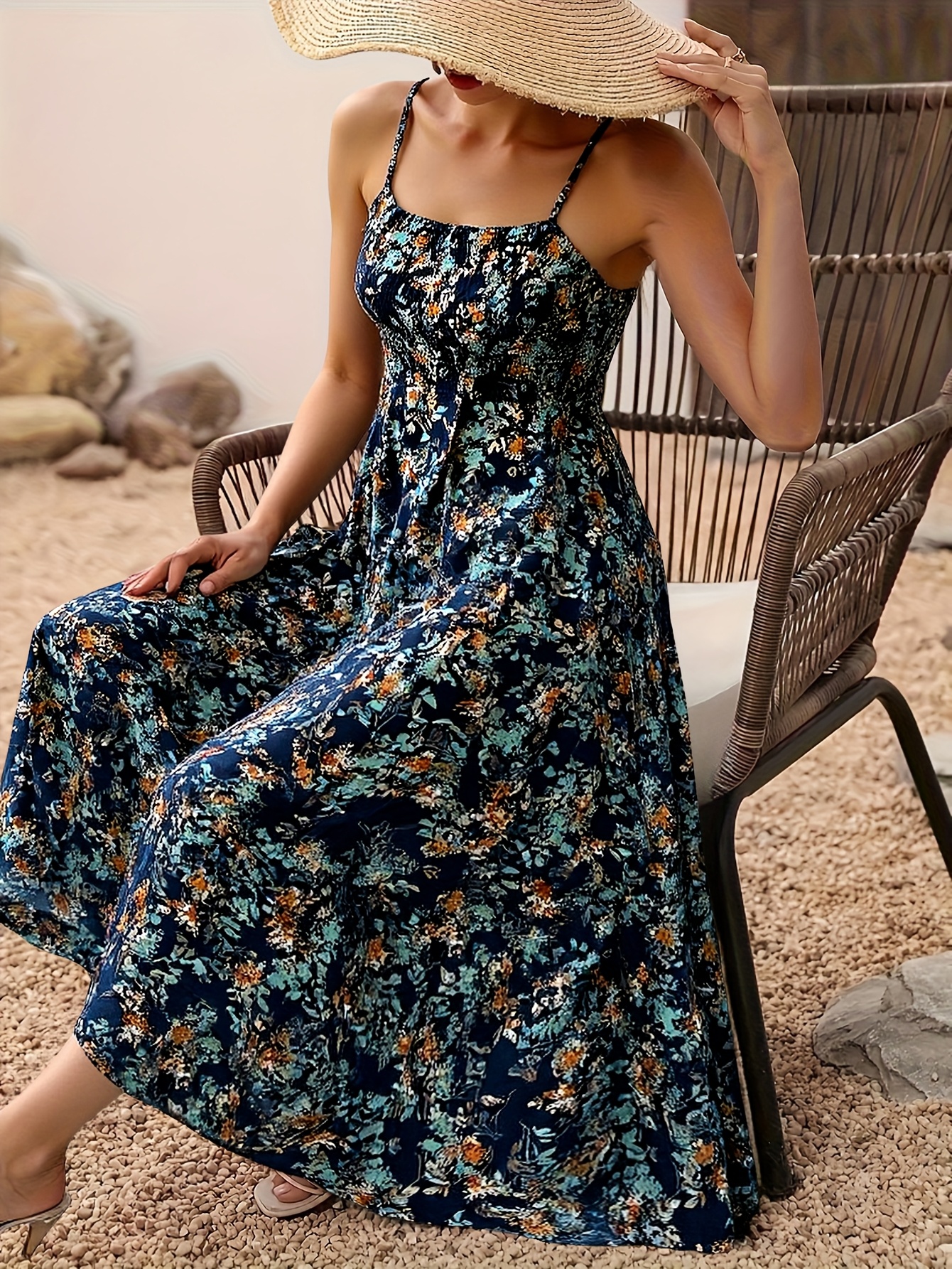 花柄シャーリングドレス、バケーションスパゲッティストラップ