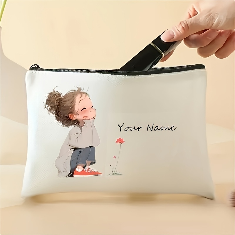 Custom Name Vintage Cute Girl Pattern Makeup Bag - Toiletry Bag - Pencil Case - Gift Bag, Perfect For Mothers, Daughters, , And Teachers, An Essential For Graduation Season, , And Other Holidays