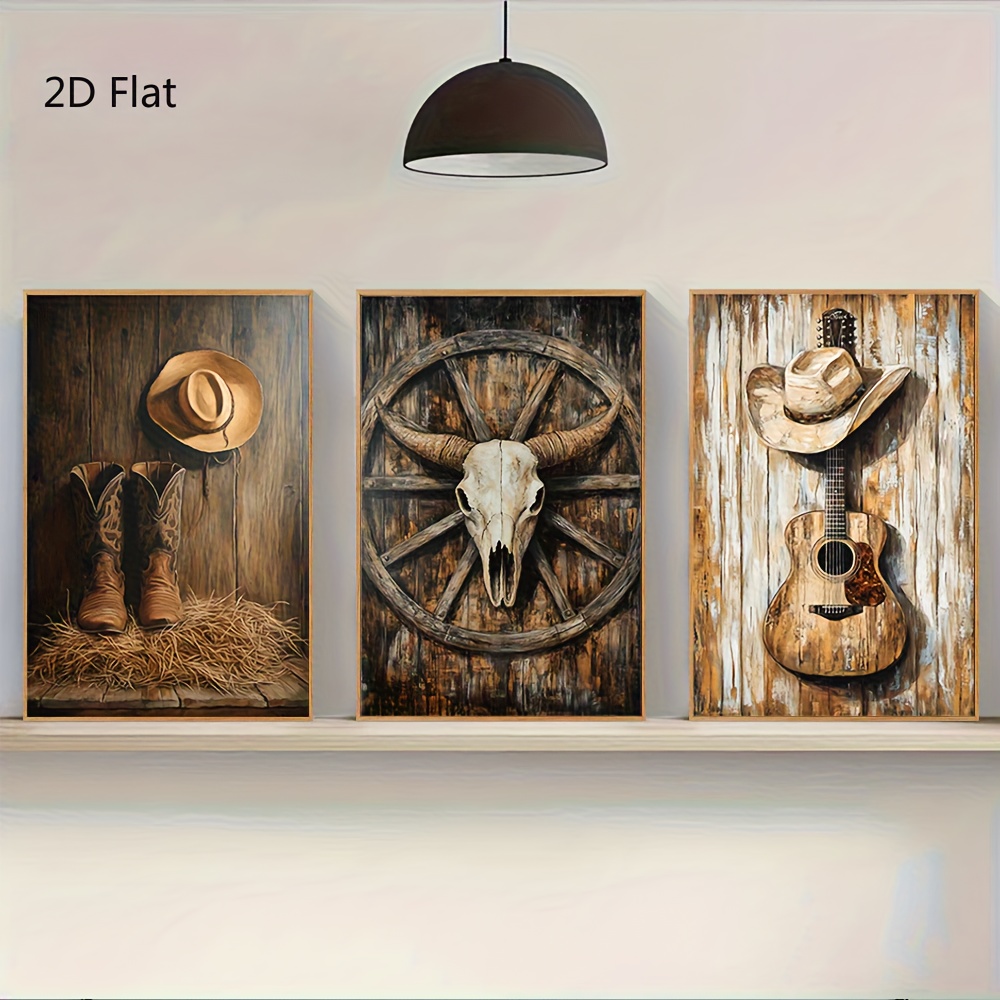 TEMU 2d Flat, 2 D Flat, 3p Cs Set 4 0 X 6 0cm Western Canvas Art Prints, Unframed Cowboy & American Themed Posters With Hat, , Wheels, And Guitar